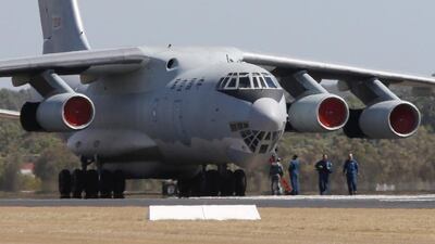 A Chinese Air Force Ilyushin Il-76 aircraft, expected to join the search for Malaysian Airlines flight MH370, is pictured at the RAAF base Pearce in Bullsbrook near Perth. Jason Reed / AP