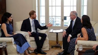 Britain's Prince Harry and Meghan, Duchess of Sussex, meet Prime Minister of Australia Scott Morrison and his wife Jenny Morrison at Kirribilli House in Sydney. Reuters