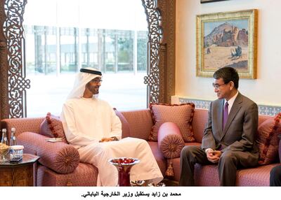 Sheikh Mohamed bin Zayed Al Nahyan and Taro Kono discuss the future stability of the Middle East at the Sea Palace. Rashed Al Mansoori / Crown Prince Court