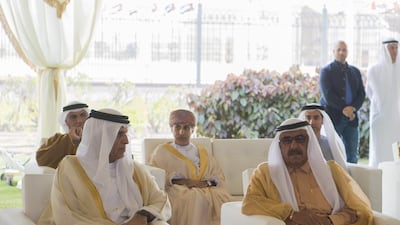 Sheikh Saud bin Saqr Al Qasimi, Ruler of Ras Al Khaimah, and Sheikh Hamdan bin Rashid, Deputy Ruler of Dubai and Minister of Finance, attend the mass wedding in Abu Dhabi on Tuesday. Wam