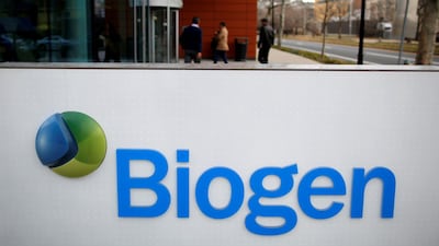 A sign marks a Biogen facility in Cambridge, Massachusetts, in the US. The company's shares gained as much as 47% on Wednesday, the largest gain on record. Reuters