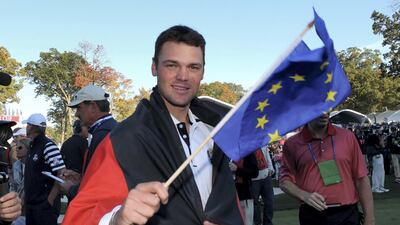 Martin Kaymer of Europe celebrates after he holed the decisive putt on the 18th green during the Singles Matches for The 39th Ryder Cup at Medinah Country Club on September 30, 2012 in Medinah, Illinois. Getty