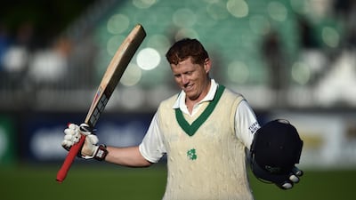 Kevin O'Brien of Ireland celebrates scoring a Test century on Day of the first Test against Pakistan in Malahide, Ireland. Charles McQuillan/Getty Images