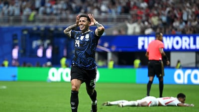 Enzo Fernandez of Argentina celebrates scoring the equaliser against England at Atlanta Stadium. AFP