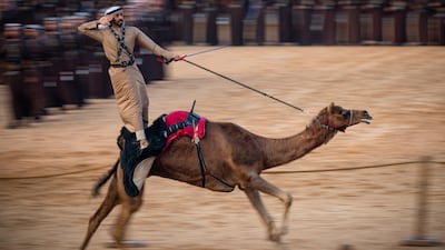 A camel rider performs at the march, where tribesmen gathered in national attire, carrying daggers, swords and UAE flags