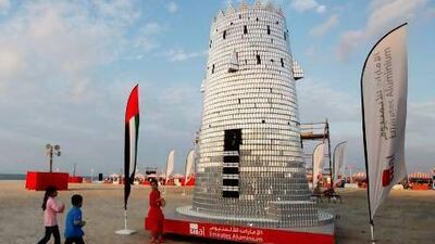 Emirates Aluminum broke the world record for a structure made of the most aluminum cans after a team of 38 created a replica Maqta Fort at the beach in Taweela in Abu Dhabi.