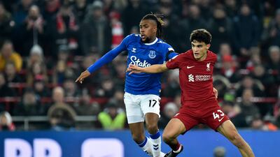 Stefan Bajcetic in action against Alex Iwobi. EPA