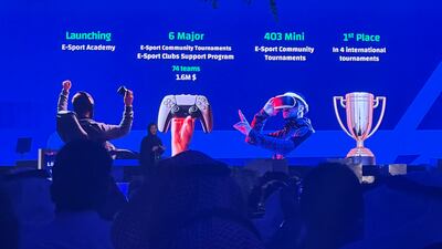 Rawan Al Butairi, senior director of international affairs at the Saudi Esports Federation, addresses the Leap technology exhibition in Riyadh on Wednesday. Alvin R Cabral / The National