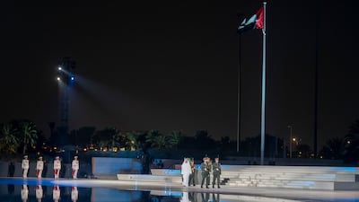Sheikh Hamad bin Mohammed Al Sharqi, Ruler of Fujairah, leads the Commemoration Day ceremony at Wahat Al Karama. Photo: Abdulla Al Junaibi for the Ministry of Presidential Affairs