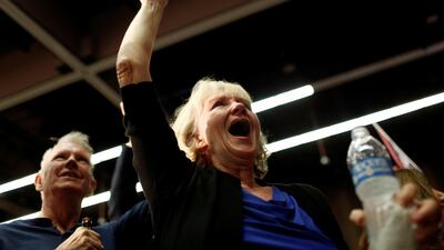 Supporter Sharon Machold cheers as midterm elections results are announced at the GOP watch party in Arizona