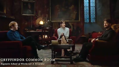 Rupert Grint, Emma Watson and Daniel Radcliffe during a sit-down in the Gryffindor Common Room in 'Harry Potter 20th Anniversary: Return to Hogwarts'. All photos: HBO Max screenshot