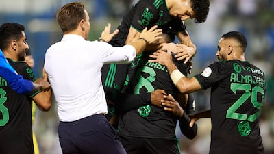 Sumayhan Al Nabit celebrates with teammates after scoring Al Ahli's third goal against Al Khaleej at Prince Mohamed bin Fahd Stadium on August 17, 2023, in Dammam, Saudi Arabia. Getty