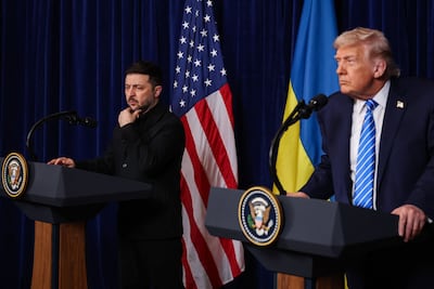 Volodymyr Zelenskyy and Donald Trump during a press conference at Mar-a-Lago. AFP