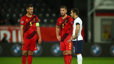 Jan Vertonghen of Belgium, Toby Alderweireld of Belgium and Harry Winks of England interact following the UEFA Nations League group stage match between Belgium and England at King Power at Den Dreef Stadion on November 15, 2020 in Heverlee, Belgium. Getty Images