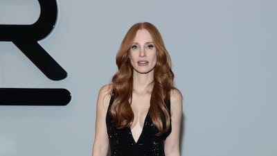 Jessica Chastain, in a black sequinned Ralph Lauren jumpsuit, attends the brand's autumn 2022 fashion show at the Museum of Modern Art, New York City on March 22, 2022. AFP
