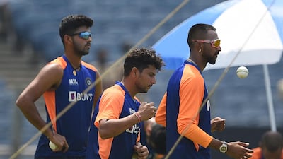 India spinners Washington Sundar, left, Kuldeep Yadav, centre, and Krunal Pandya. AFP