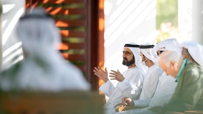 Sheikh Mohammed bin Rashid speaks during a meeting in Dubai on Monday. Seen with Sheikh Hamdan bin Mohammed, Crown Prince of Dubai, and Sheikh Maktoum bin Mohammed, Deputy Ruler of Dubai. Courtesy: Sheikh Mohamed bin Zayed Twitter