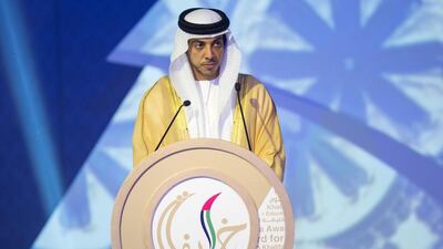 Sheikh Mansour bin Zayed, Deputy Prime Minister and Minister of Presidential Affairs, speaks during the Khalifa Award for Education ceremony at Jumeirah Hotel Etihad Towers in Abu Dhabi. Christopher Pike / The National