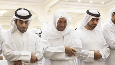 Obeid Al Hmoudi, proud father of pilot Mohammed Al Hmoudi, mourns at his son’s funeral prayers in Dibba. Antonie Robertson / The National