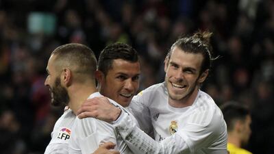 Real Madrid's Karim Benzema, Cristiano Ronaldo and Gareth Bale shown during their win over Sevilla in La Liga on Sunday. Pedro Armestre / AFP / March 20, 2016