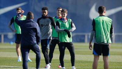 Barcelona's Alex Balde and Gavi with teammates. Reuters