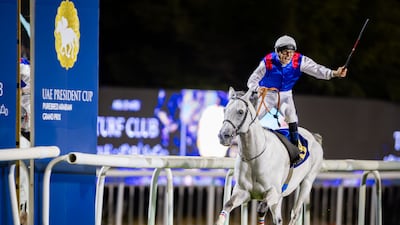 Connor Beasley on Heros De Lagarde celebrates as he passes the wining post to win the Group 1 President’s Cup for Purebred Arabians in Abu Dhabi on Sunday, December 15, 2024. Photo: ERA