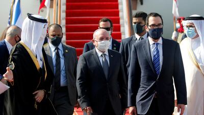 Israeli National Security Adviser Meir Ben-Shabbat and US Treasury Secretary Steve Mnuchin arrive in Muharraq, Bahrain. Reuters