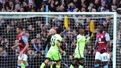 Manchester City’s Kelechi Iheanacho celebrates a successful penalty against Aston Villa on Saturday for City's second goal in their FA Cup contest. Rui Vieira / AP