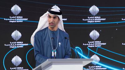 Dr Thani AlZeyoudi, AE Cabinet Member and Minister of Climate Change and Environment, talks at the "Climate Change and its Impact on Human Prosperity" session at Dubai Government Summit. Reem Mohammed / The National