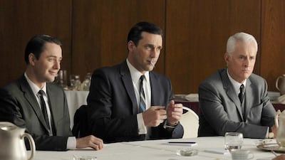 From left, Vincent Kartheiser, Jon Hamm and John Slattery in a scene from Mad Men. The final season of the series begins on Saturday. AMC / AP Photo