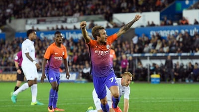 Aleix Garcia of Manchester City celebrates scoring his side’s second goal. Stu Forster / Getty Images