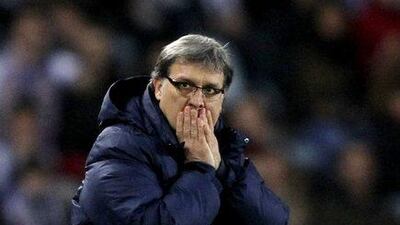 Barcelona coach Gerardo Martino gestures during his Spanish Primera Liga match against Real Sociedad played at Anoeta stadium, in San Sebastian, northern Spain, on February 22, 2014. EPA/JUAN HERRERO