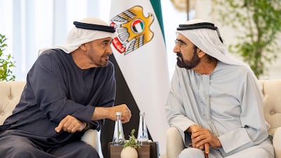 President Sheikh Mohamed with Sheikh Mohammed bin Rashid, Vice President and Ruler of Dubai, at Qasr Al Bahr. Photo: UAE Presidential Court