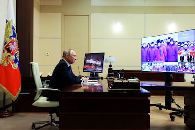 Vladimir Putin attends an event marking the 30th anniversary of the founding of Gazprom, near Moscow. AP