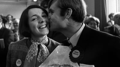 A kiss for his wife, Mary, after winning the Louth by-election in 1969. Archer was a Conservative MP for five years. Getty Images