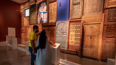 Classic intricately carved wooden doors on displayat the Morocco Pavilion in Expo 2020 Dubai. Victor Besa/The National.