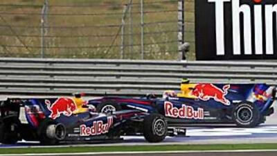 Sebastian Vettel, left, and his Red Bull teammate Mark Webber come to a stop after their collision in the Turkish Grand Prix.