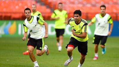 Spain's Diego Costa, centre, in training. AFP, June 2014
