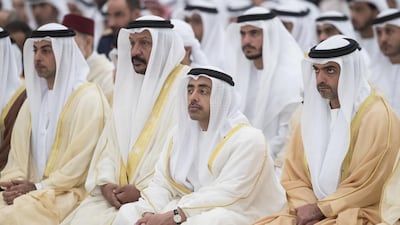 From right: Sheikh Hamed bin Zayed Al Nahyan, Chairman of the Crown Prince Court of Abu Dhabi and Abu Dhabi Executive Council Member, Sheikh Abdullah bin Zayed Al Nahyan, UAE Minister of Foreign Affairs and International Cooperation, Sheikh Saeed bin Mohamed Al Nahyan, and Sheikh Omar bin Zayed Al Nahyan, Deputy Chairman of the Board of Trustees of Zayed bin Sultan Al Nahyan Charitable and Humanitarian Foundation, attend Eid Al Fitr prayers at the Sheikh Zayed Grand Mosque. Ryan Carter / Crown Prince Court - Abu Dhabi