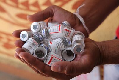 Empty vaccine vials at a clinic in Misrod village, Bhopal. EPA