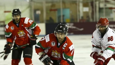 Juma Al Dhaheri, the UAE forward, is on the move. Gulf Cup ice hockey championship. February 9 2016. Photos courtesy Abu Dhabi Ice Sports Club