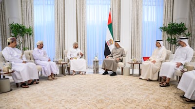 President Sheikh Mohamed meets Mr Al Said at Al Shati Palace. Seen with, from right, Sheikh Khaled bin Mohamed, member of the Abu Dhabi Executive Council and chairman of the Abu Dhabi Executive Office; Sheikh Mansour bin Zayed, Deputy Prime Minister and Minister of the Presidential Court; and Oman's ambassador to the UAE Dr Sayyid Ahmed bin Hilal Albusaidi.