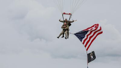 US WWII veteran Tom Rice takes part in a parachute drop over Carentan, Normandy, north-western France. AFP