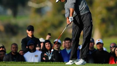 Tiger Woods hits off the second tee at Torrey Pines for the Farmers Insurance Open.