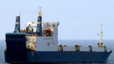 The Belize-flagged Ukrainian cargo MV Faina on Sept 29 2008 off Somalia's Indian Ocean coast as seen from a US Navy guided-missile cruiser.