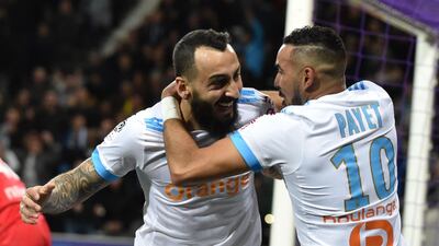Marseille's Greek forward Konstantinos Mitroglou, left, and French midfielder Dimitri Payet, will look to press home their 1-0 advantage when they welcome CSKA Moscow to the Stade Velodrome for the Europa League last-16 return leg on Thursday. Pascal Pavani / AFP