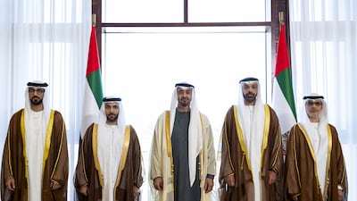 President Sheikh Mohamed with the country's newly appointed ambassadors at a ceremony. The envoys from left: Fahad Al Bishr, UAE ambassador to Uganda; Omar Al Neyadi, UAE ambassador to Costa Rica; Mohamed Al Qamzi, UAE ambassador to the Association of South Asian Nations (Asean) and Mohamed Al Khaili, UAE ambassador to Ukraine. Abdulla Al Bedwawi / UAE Presidential Court
