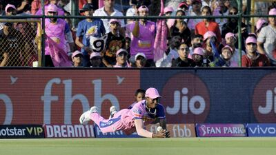 Jofra Archer drops a catch fielding for the Rajasthan Royals against Mumbai Indians in the IPL in April 2019. AFP