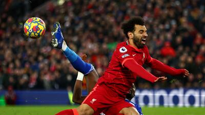 Liverpool attacker Mohamed Salah reacts to a tackle. Getty