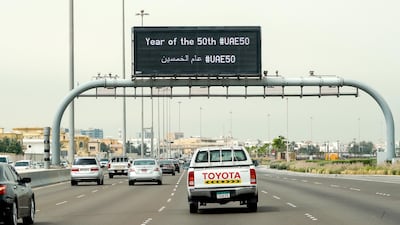 50th Year electronc signage along the Eastern Mangroves Road in Abu Dhabi. Victor Besa / The National
